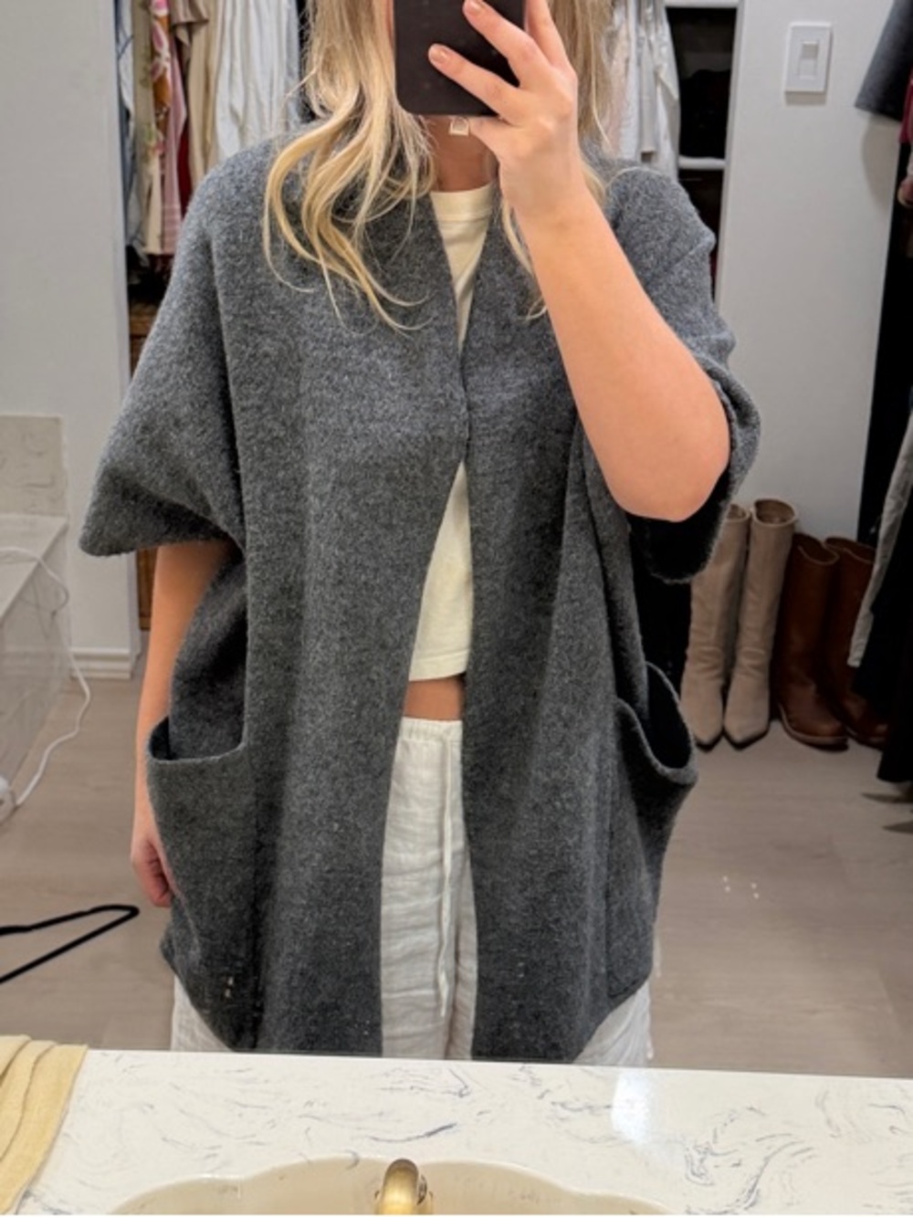 Free People Charcoal Open-Front Short-Sleeve Cardigan